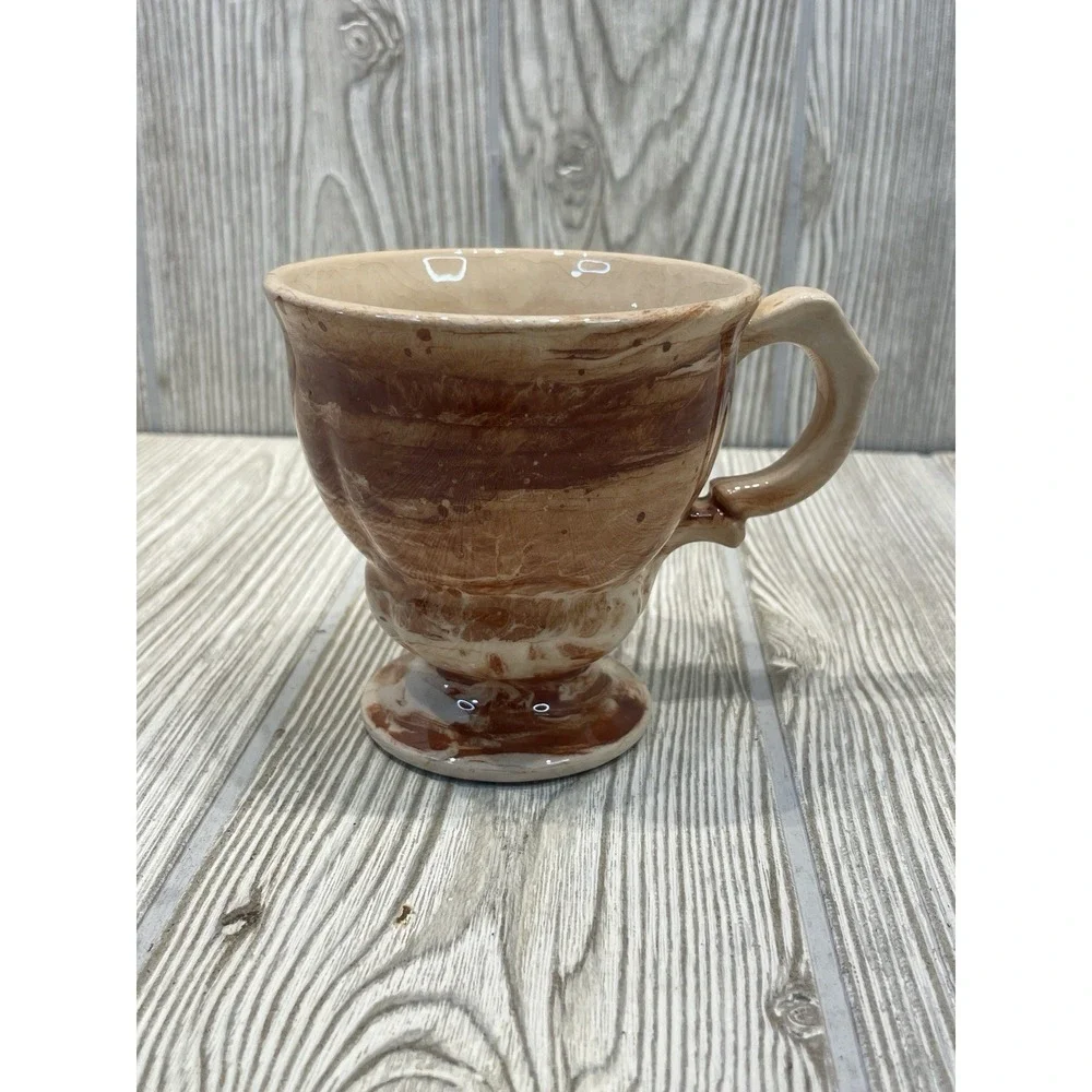 Sitka Clay Studio Pottery Marbled Agateware Teacup and Saucer Set Brown Cream